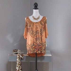 NEW One World Cold Shoulder Top Orange Print Sz L